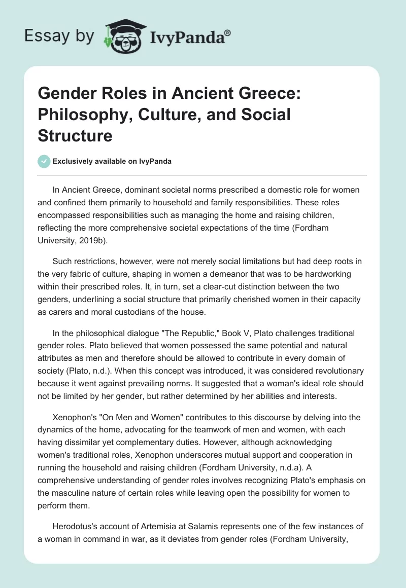 Gender Roles in Ancient Greece: Philosophy, Culture, and Social Structure. Page 1