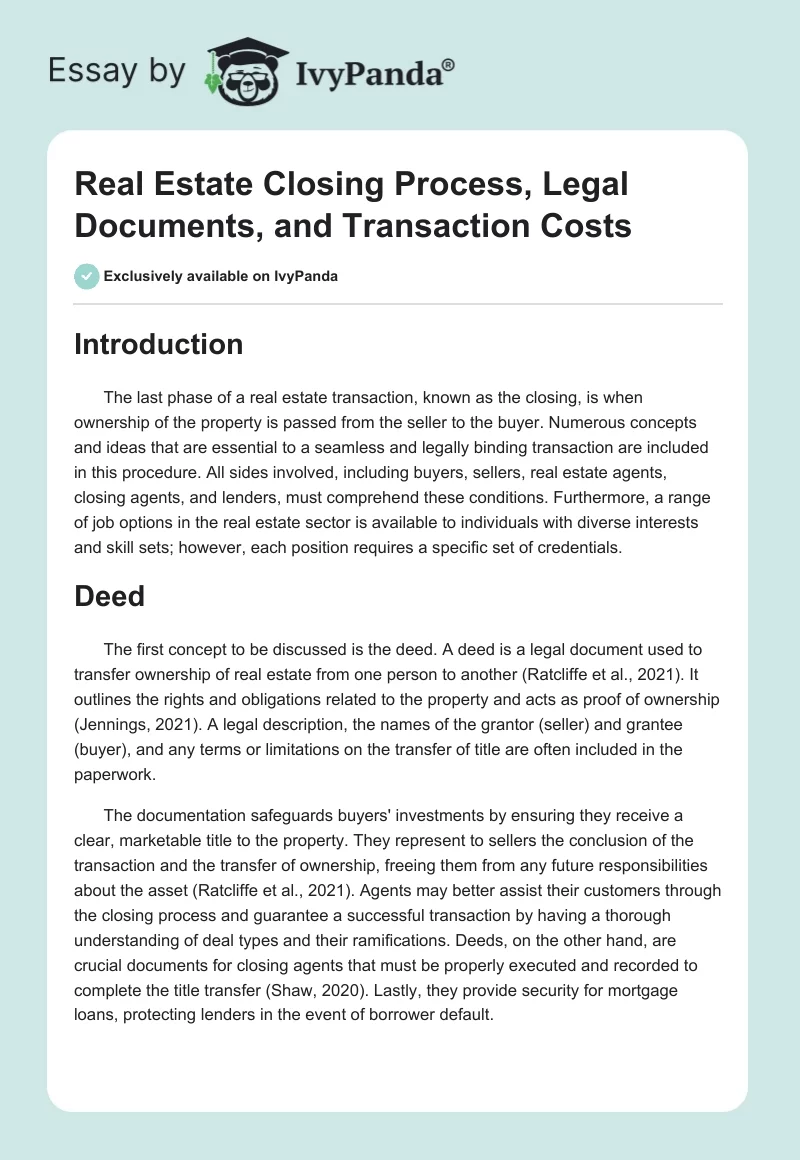 Real Estate Closing Process, Legal Documents, and Transaction Costs. Page 1