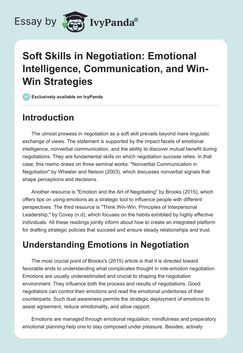Soft Skills in Negotiation: Emotional Intelligence, Communication, and Win-Win Strategies. Page 1