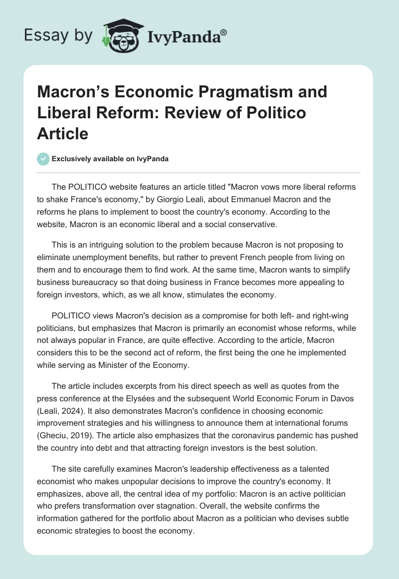 Macron’s Economic Pragmatism and Liberal Reform: Review of Politico Article. Page 1