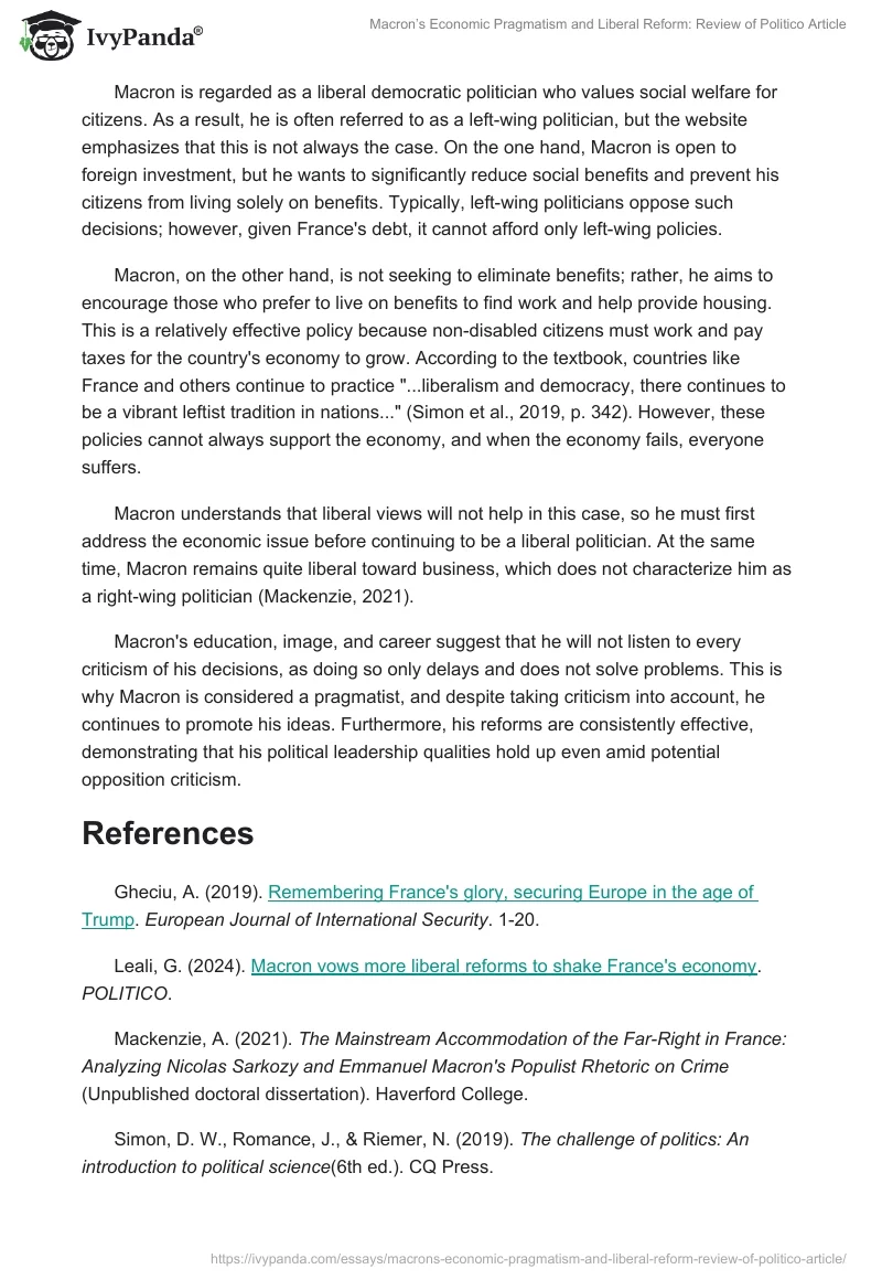 Macron’s Economic Pragmatism and Liberal Reform: Review of Politico Article. Page 2