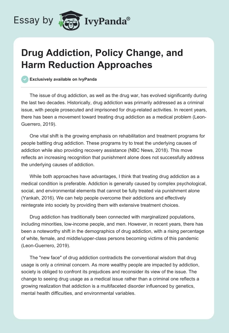 Drug Addiction, Policy Change, and Harm Reduction Approaches. Page 1