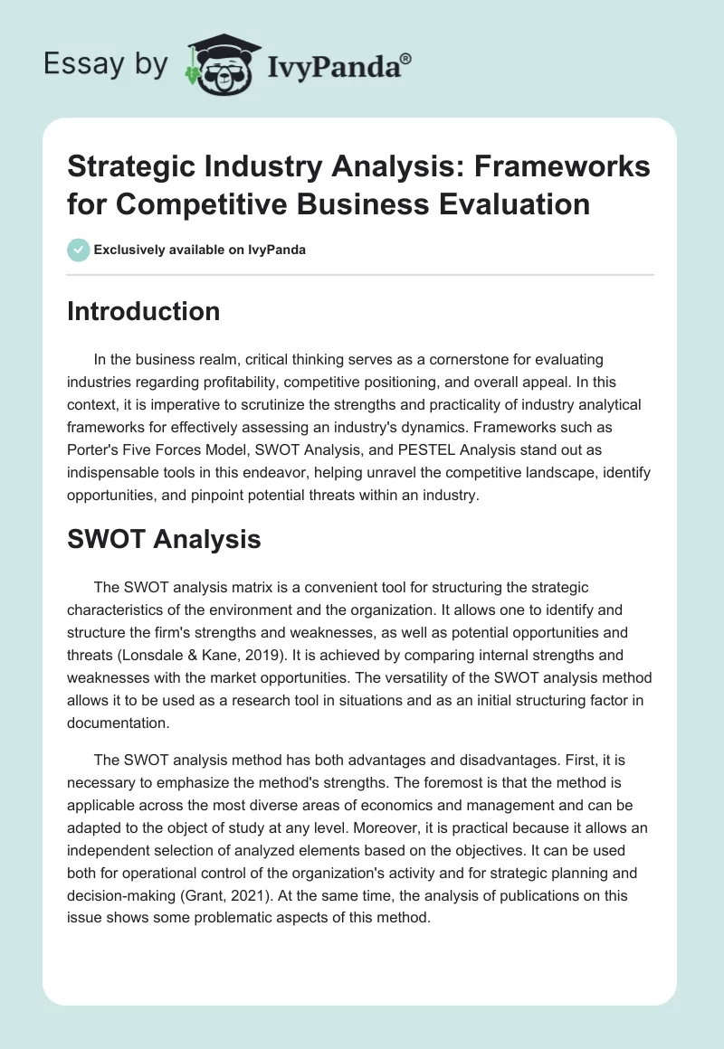 Strategic Industry Analysis: Frameworks for Competitive Business Evaluation. Page 1