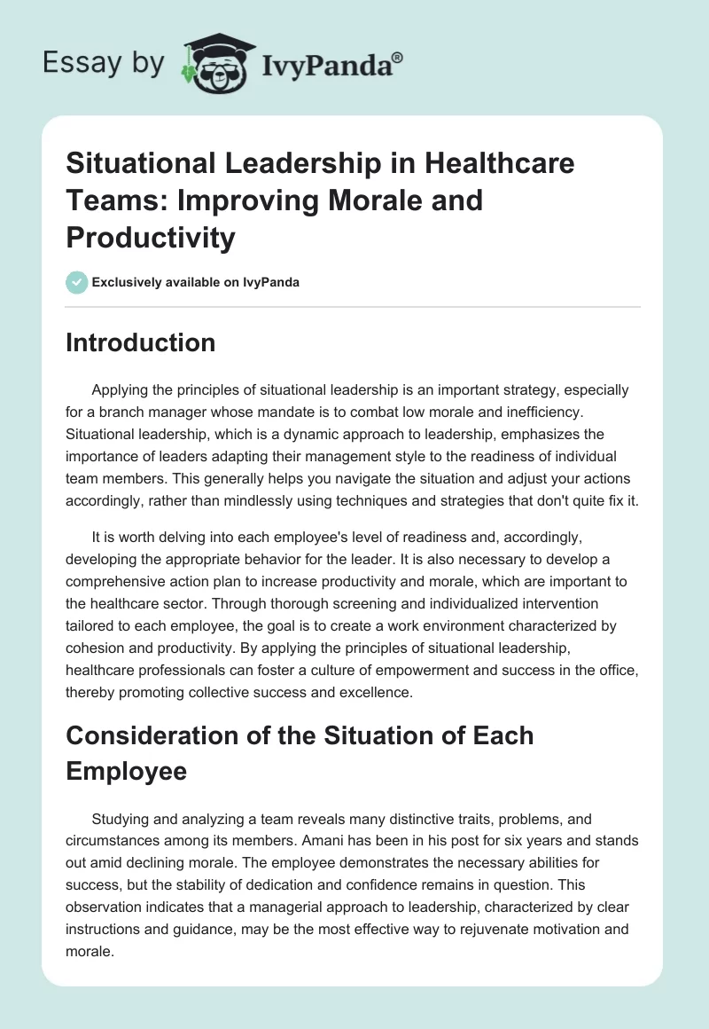 Situational Leadership in Healthcare Teams: Improving Morale and Productivity. Page 1