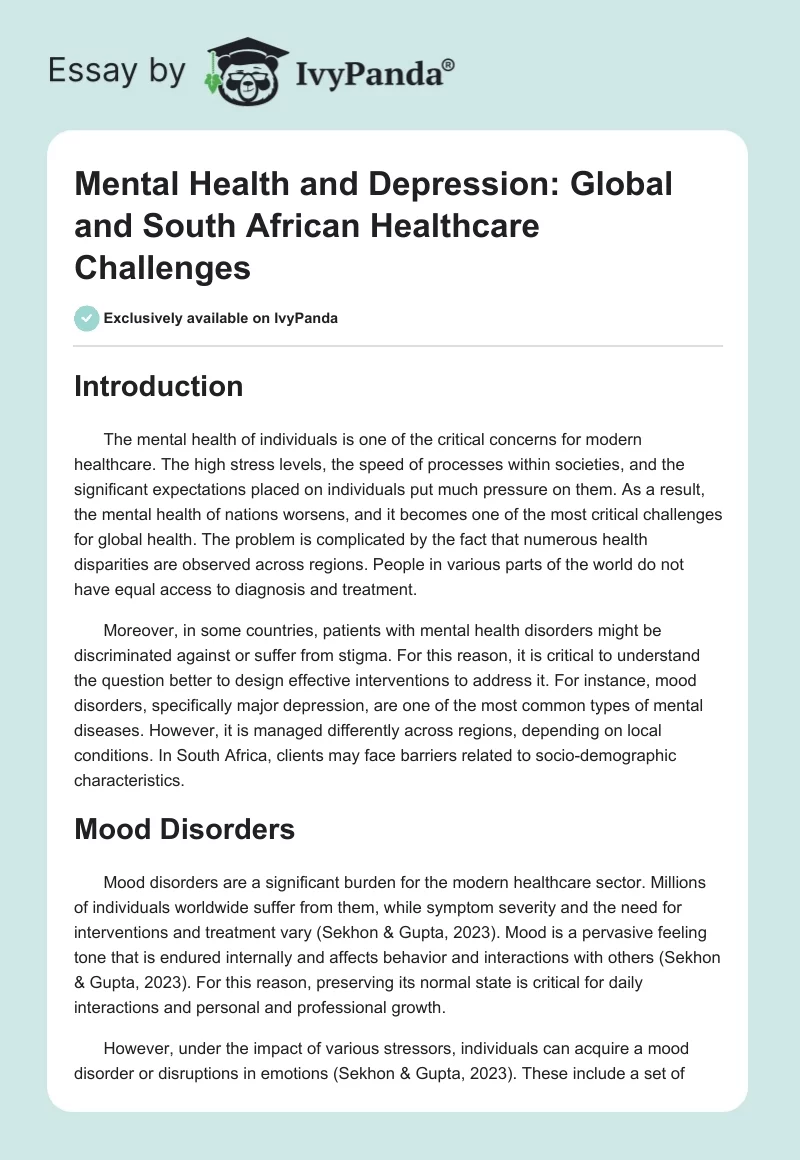 Mental Health and Depression: Global and South African Healthcare Challenges. Page 1