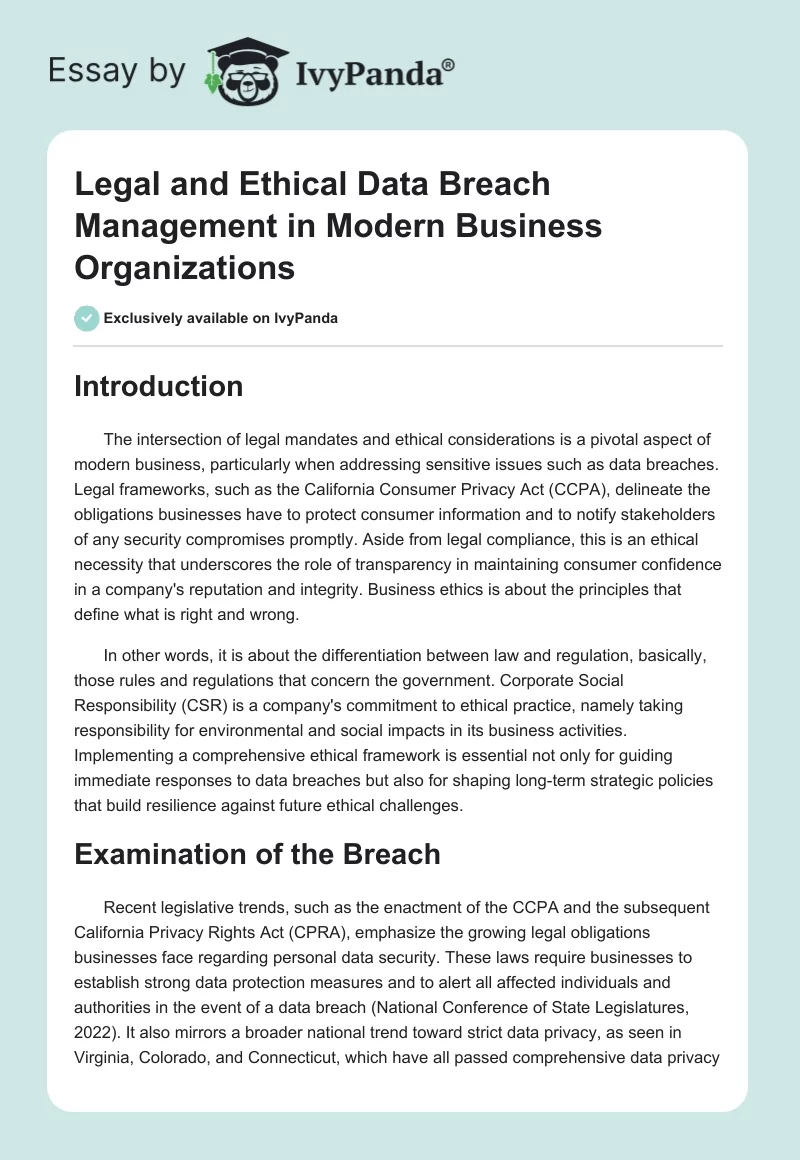 Legal and Ethical Data Breach Management in Modern Business Organizations. Page 1