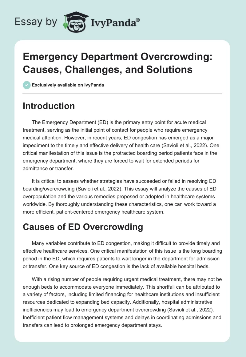 Emergency Department Overcrowding: Causes, Challenges, and Solutions. Page 1