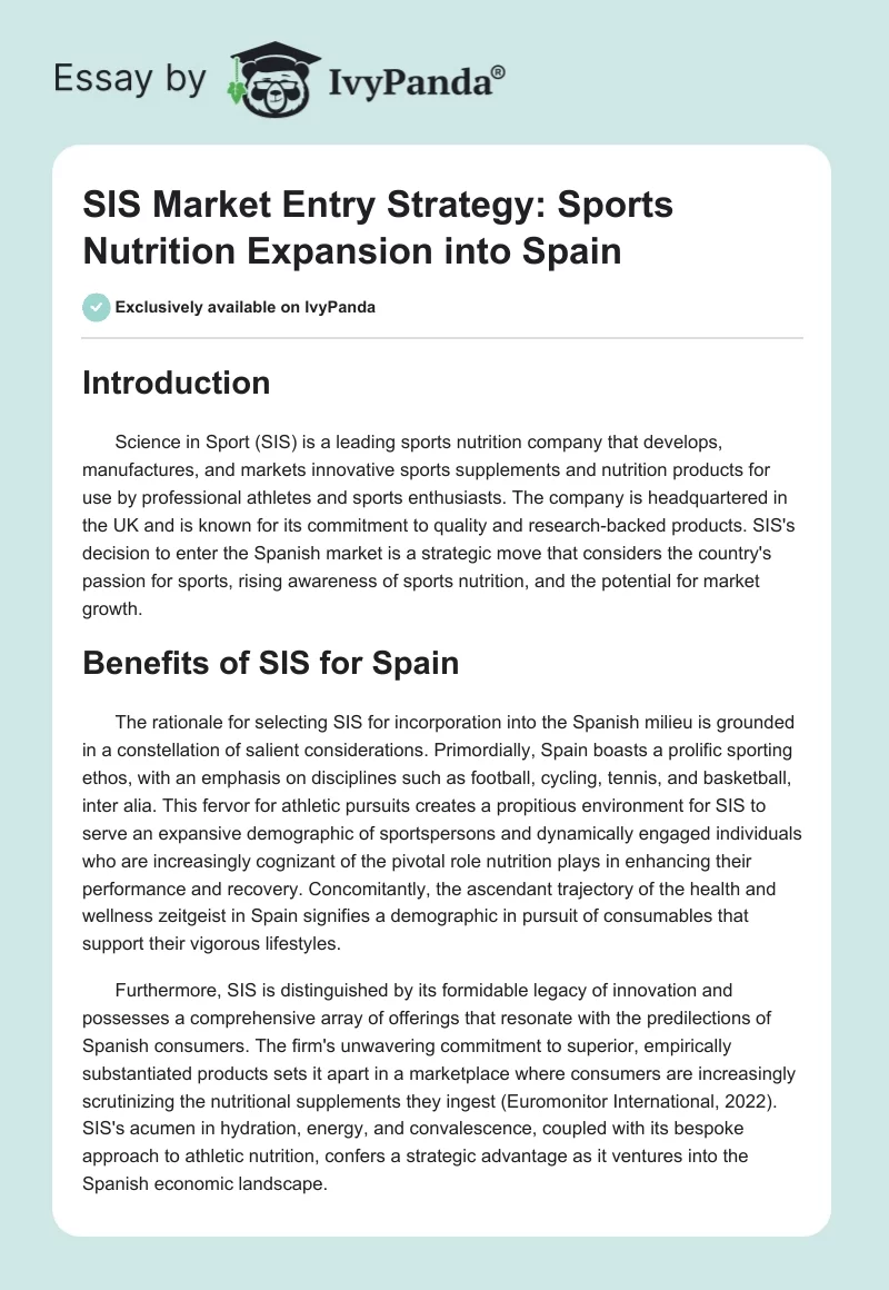 SIS Market Entry Strategy: Sports Nutrition Expansion into Spain. Page 1