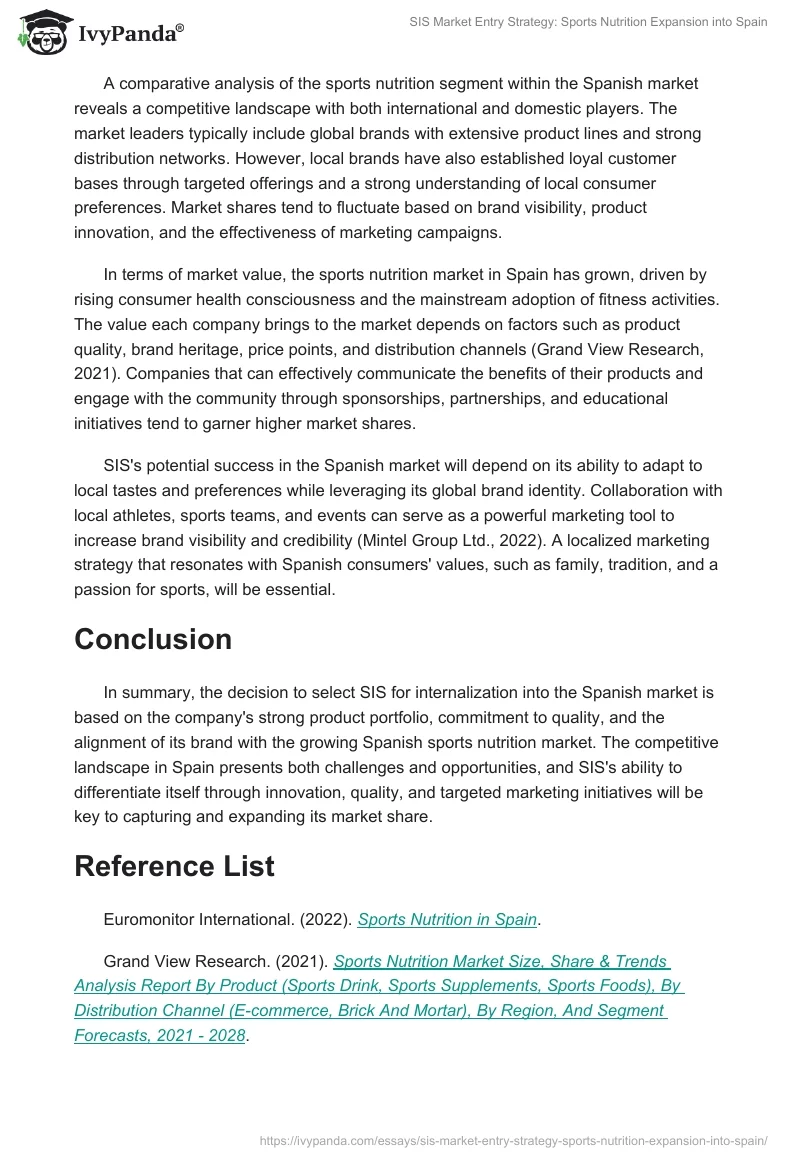 SIS Market Entry Strategy: Sports Nutrition Expansion into Spain. Page 2