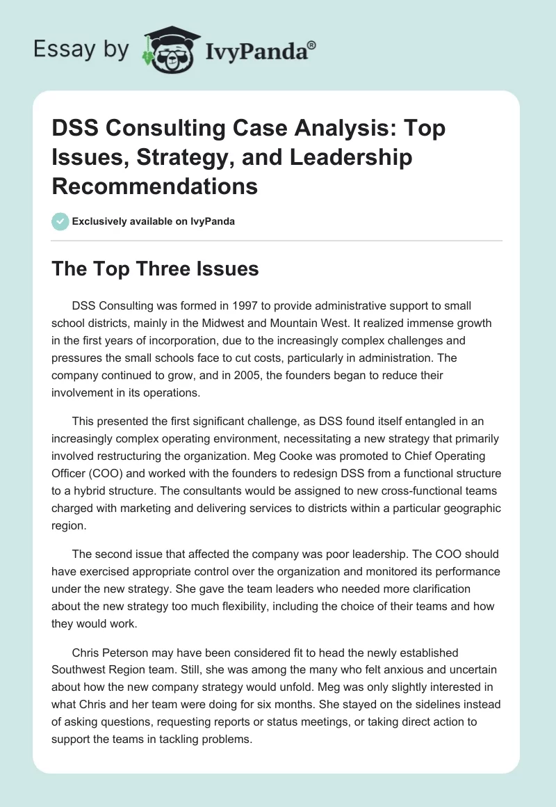 DSS Consulting Case Analysis: Top Issues, Strategy, and Leadership Recommendations. Page 1