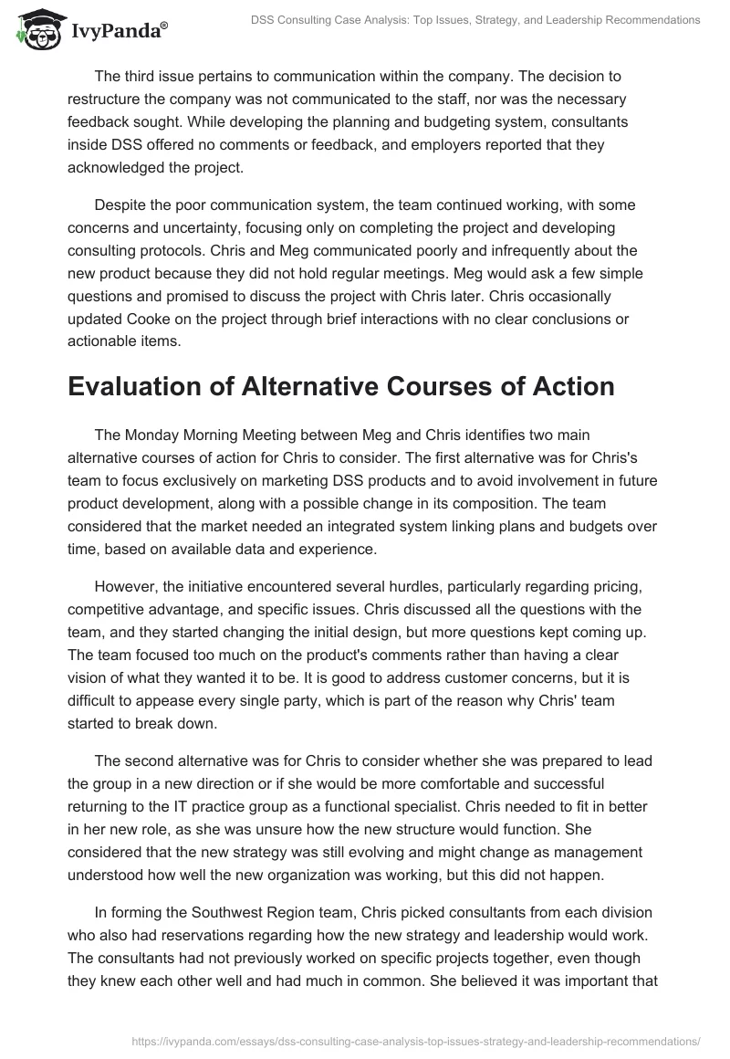 DSS Consulting Case Analysis: Top Issues, Strategy, and Leadership Recommendations. Page 2