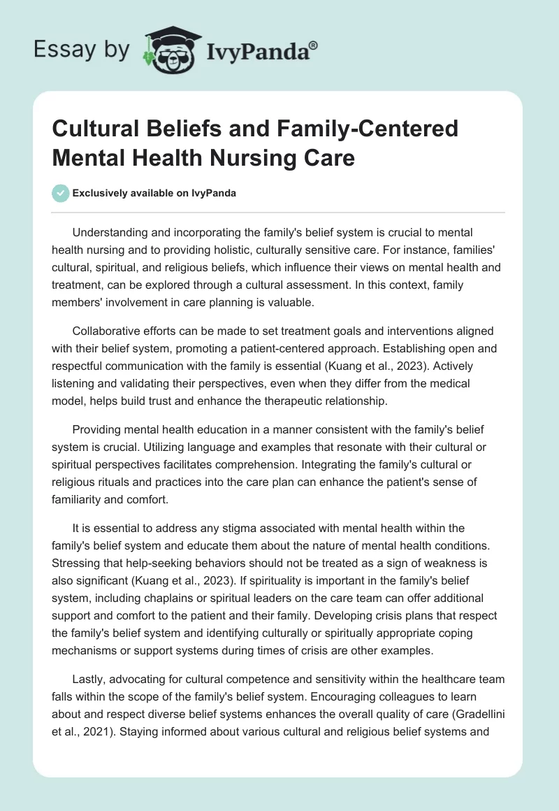 Cultural Beliefs and Family-Centered Mental Health Nursing Care. Page 1