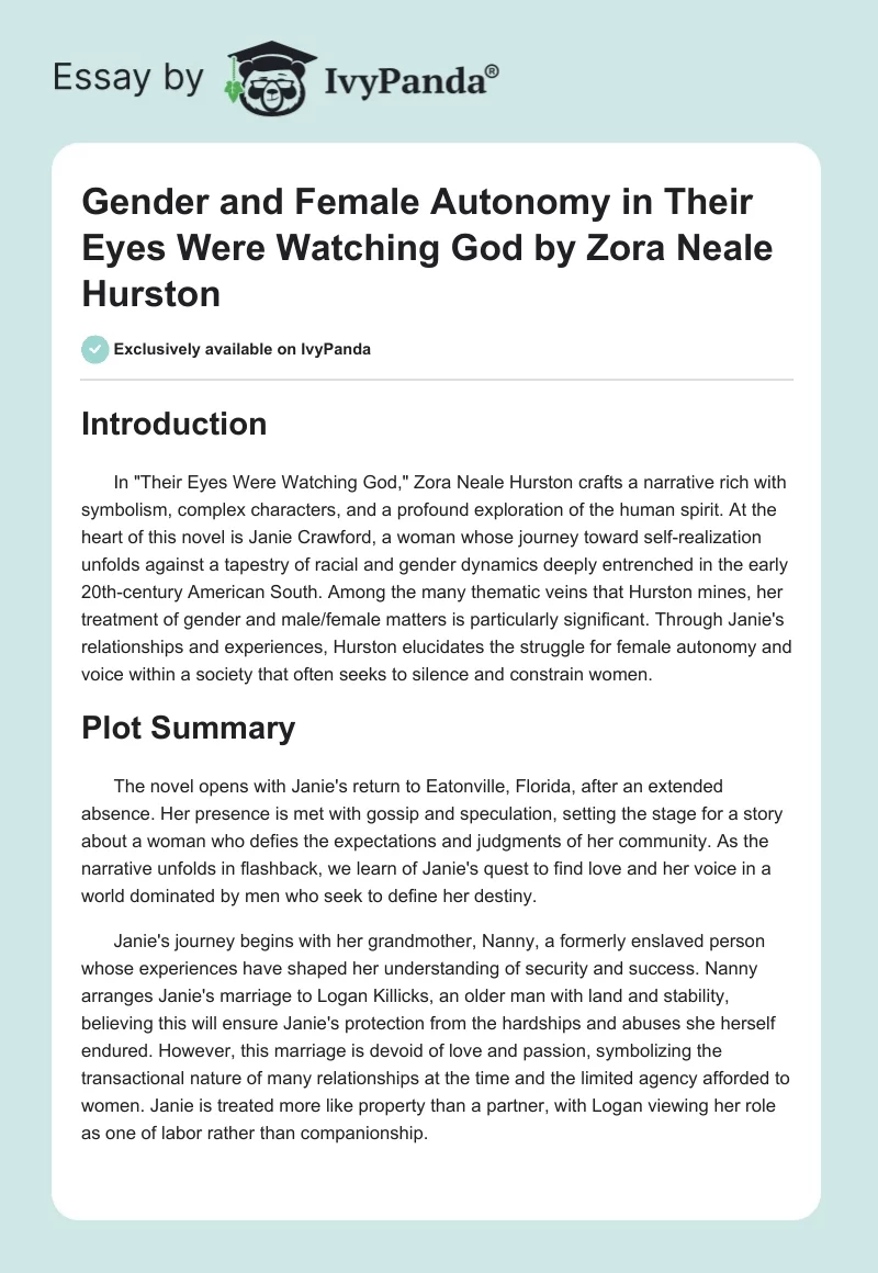Gender and Female Autonomy in "Their Eyes Were Watching God" by Zora Neale Hurston. Page 1
