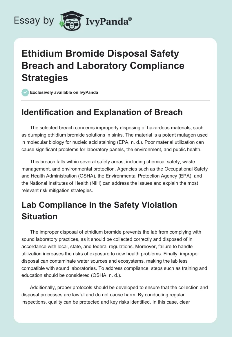 Ethidium Bromide Disposal Safety Breach and Laboratory Compliance Strategies. Page 1