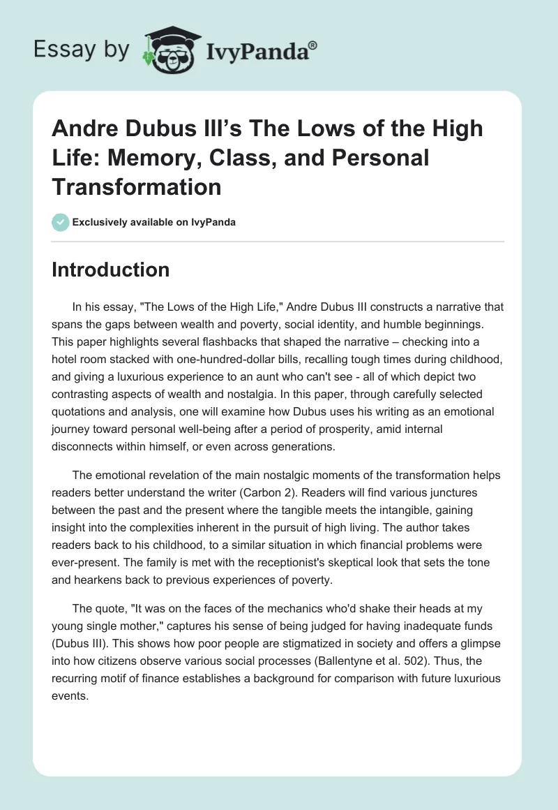 Andre Dubus III’s The Lows of the High Life: Memory, Class, and Personal Transformation. Page 1