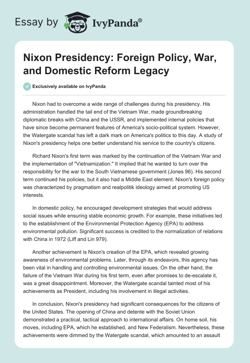 Nixon Presidency: Foreign Policy, War, and Domestic Reform Legacy. Page 1