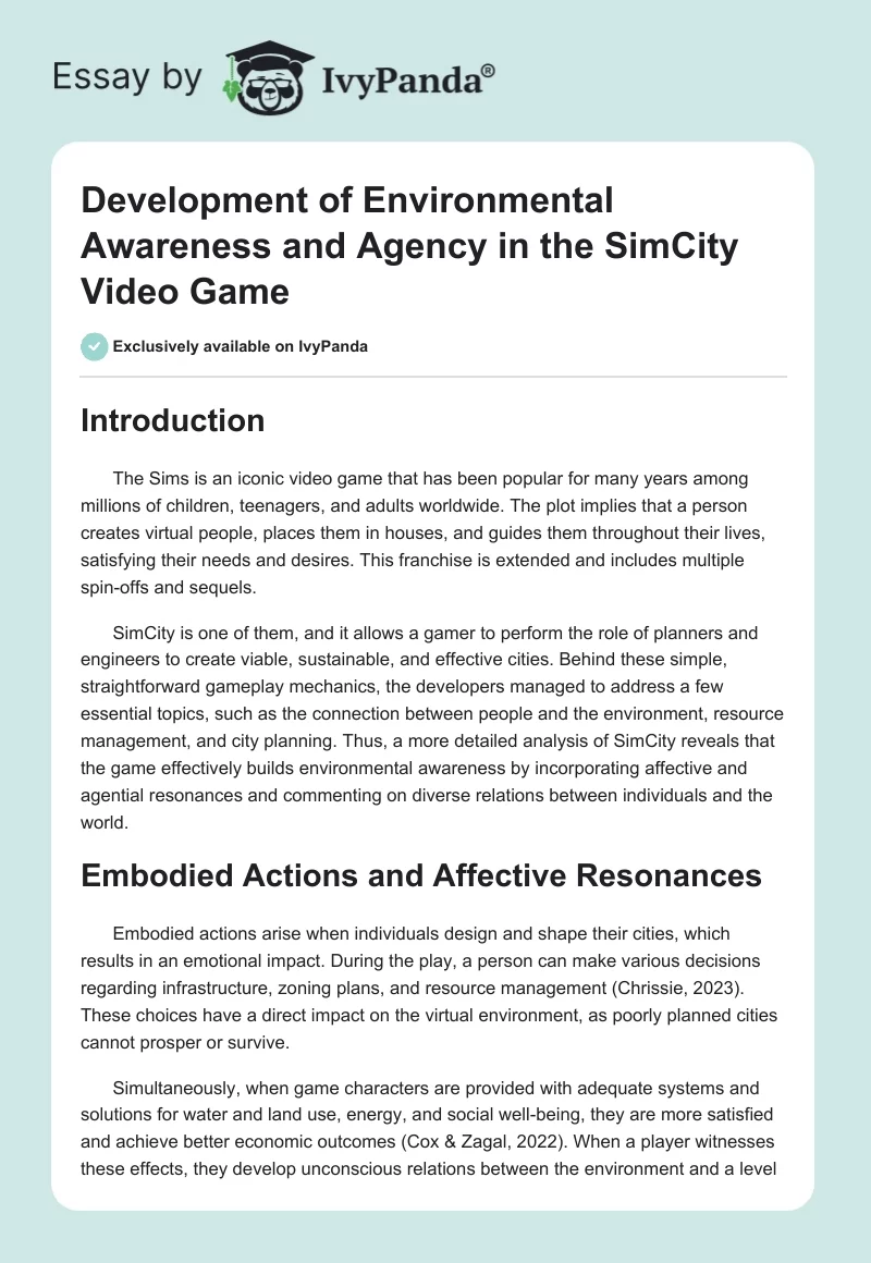 Development of Environmental Awareness and Agency in the SimCity Video Game. Page 1