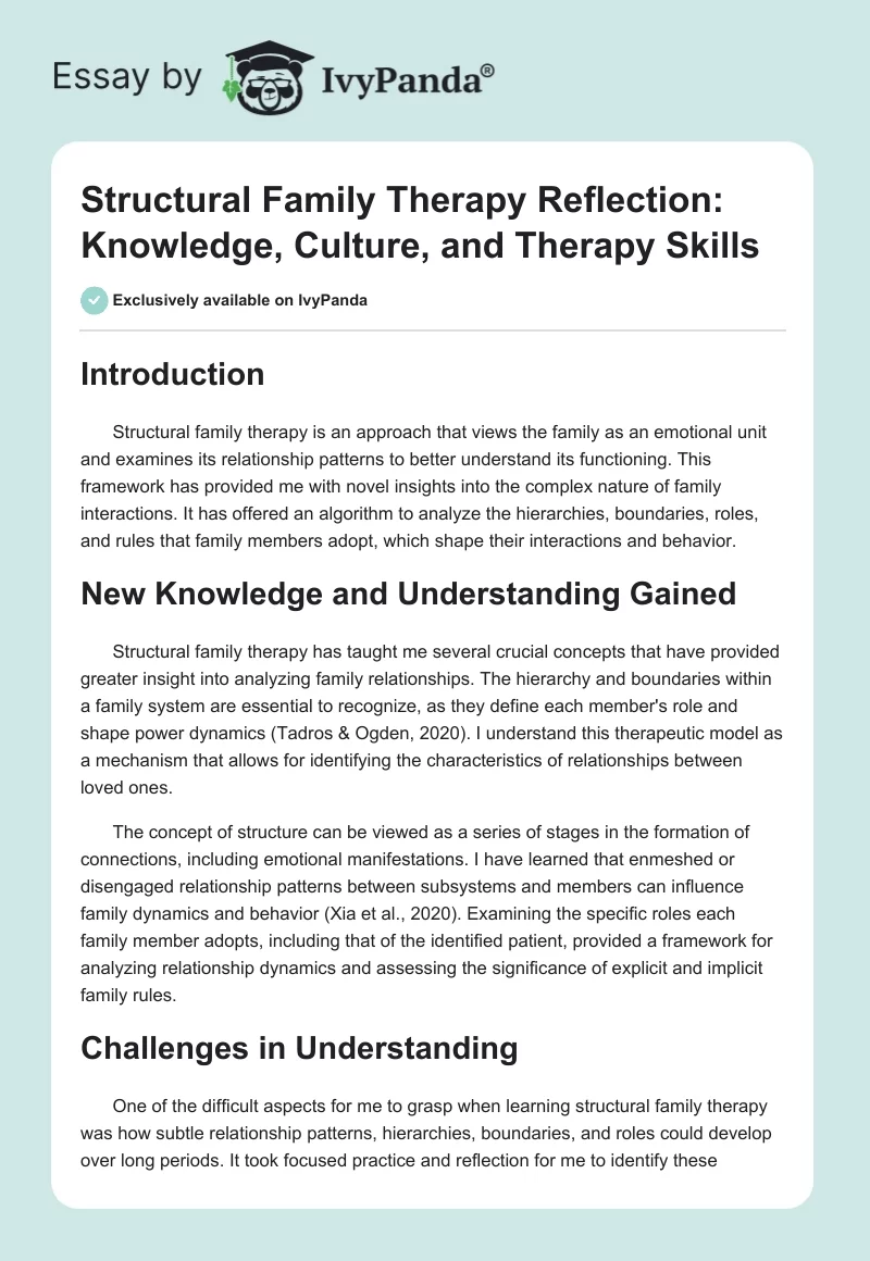 Structural Family Therapy Reflection: Knowledge, Culture, and Therapy Skills. Page 1