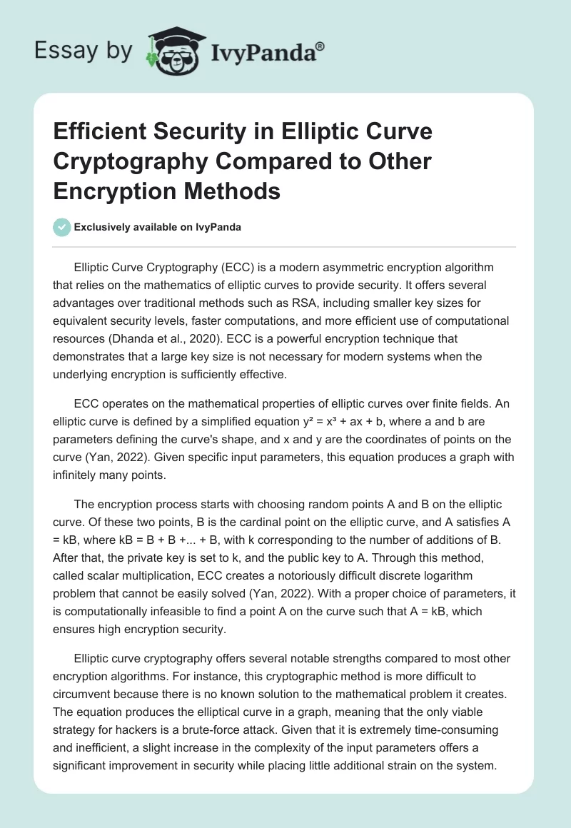 Efficient Security in Elliptic Curve Cryptography Compared to Other Encryption Methods. Page 1
