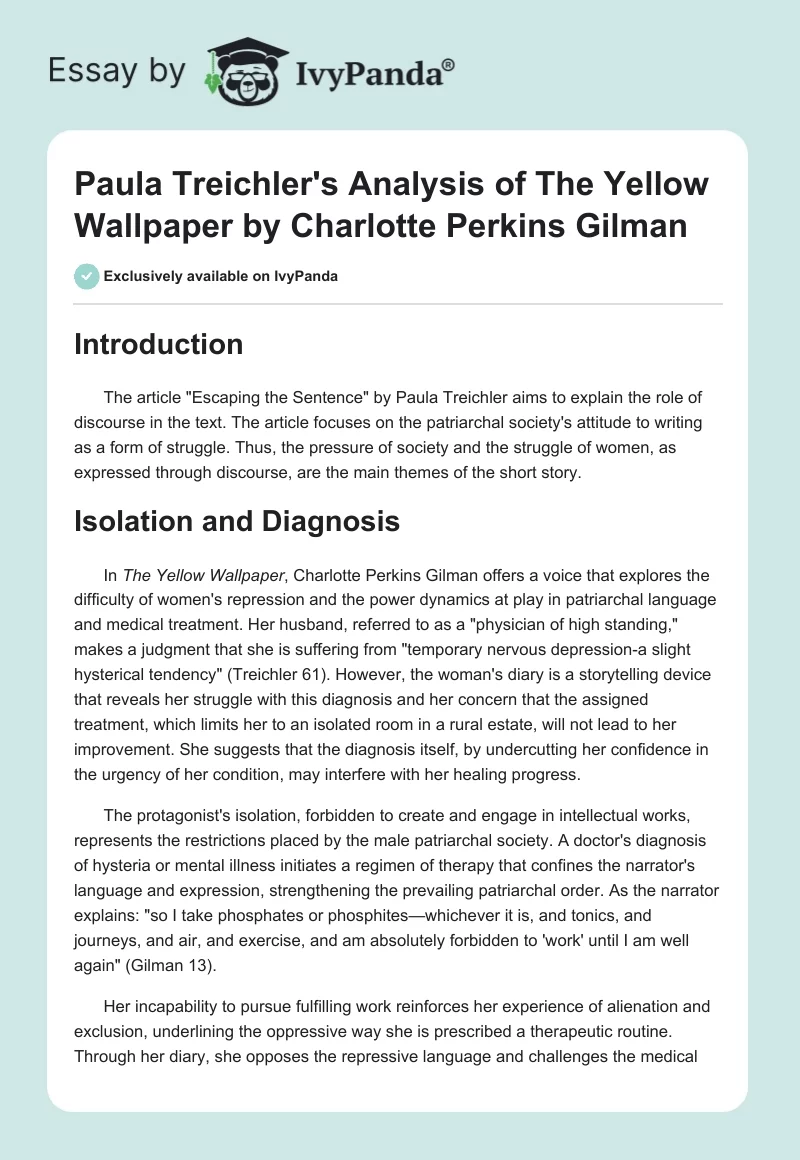 Paula Treichler's Analysis of "The Yellow Wallpaper" by Charlotte Perkins Gilman. Page 1