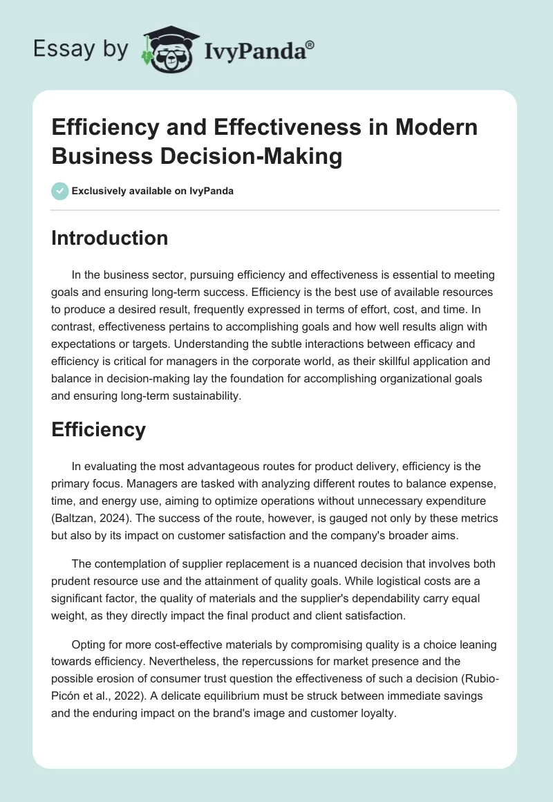Efficiency and Effectiveness in Modern Business Decision-Making. Page 1