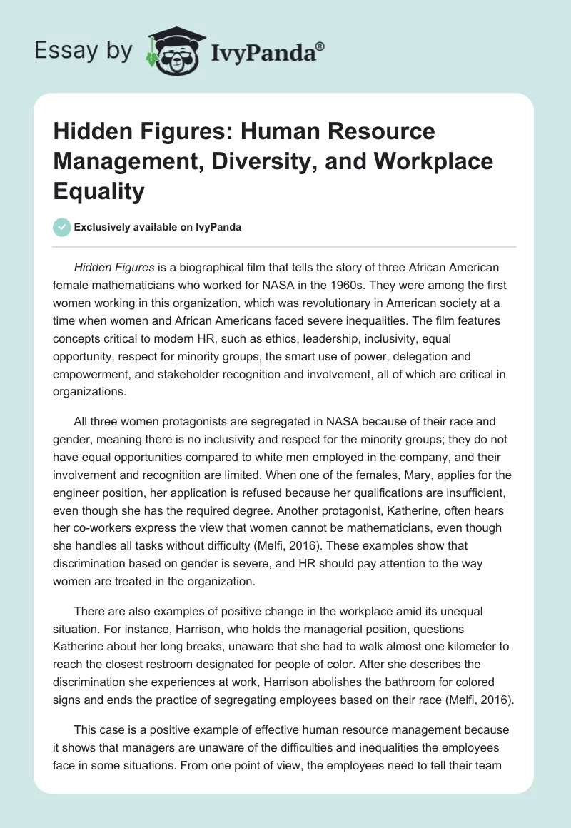 Hidden Figures: Human Resource Management, Diversity, and Workplace Equality. Page 1