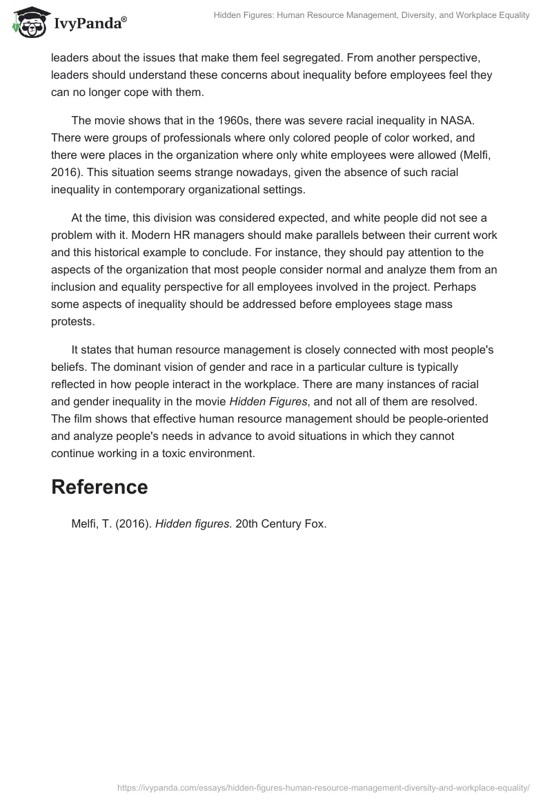 Hidden Figures: Human Resource Management, Diversity, and Workplace Equality. Page 2