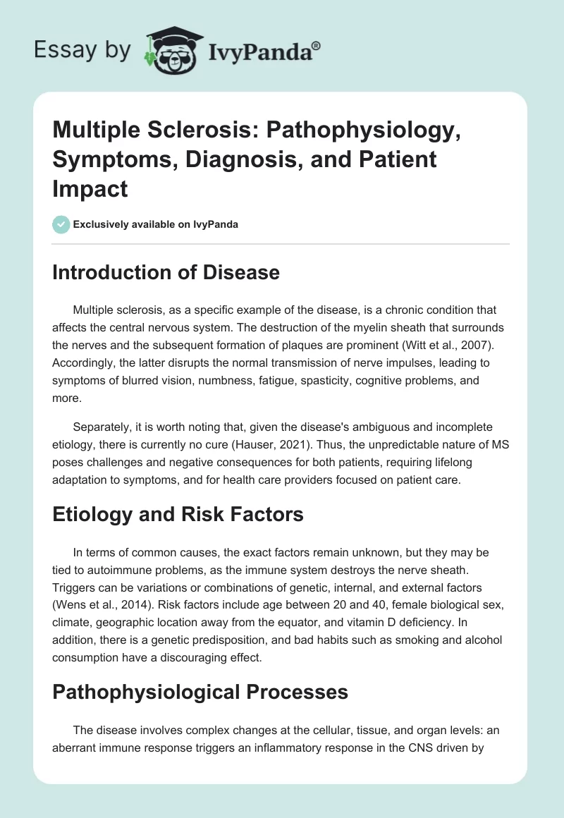 Multiple Sclerosis: Pathophysiology, Symptoms, Diagnosis, and Patient Impact. Page 1