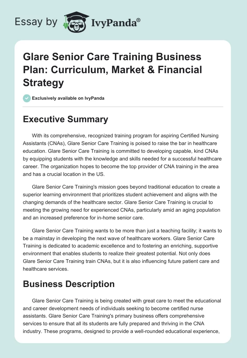 Glare Senior Care Training Business Plan: Curriculum, Market & Financial Strategy. Page 1