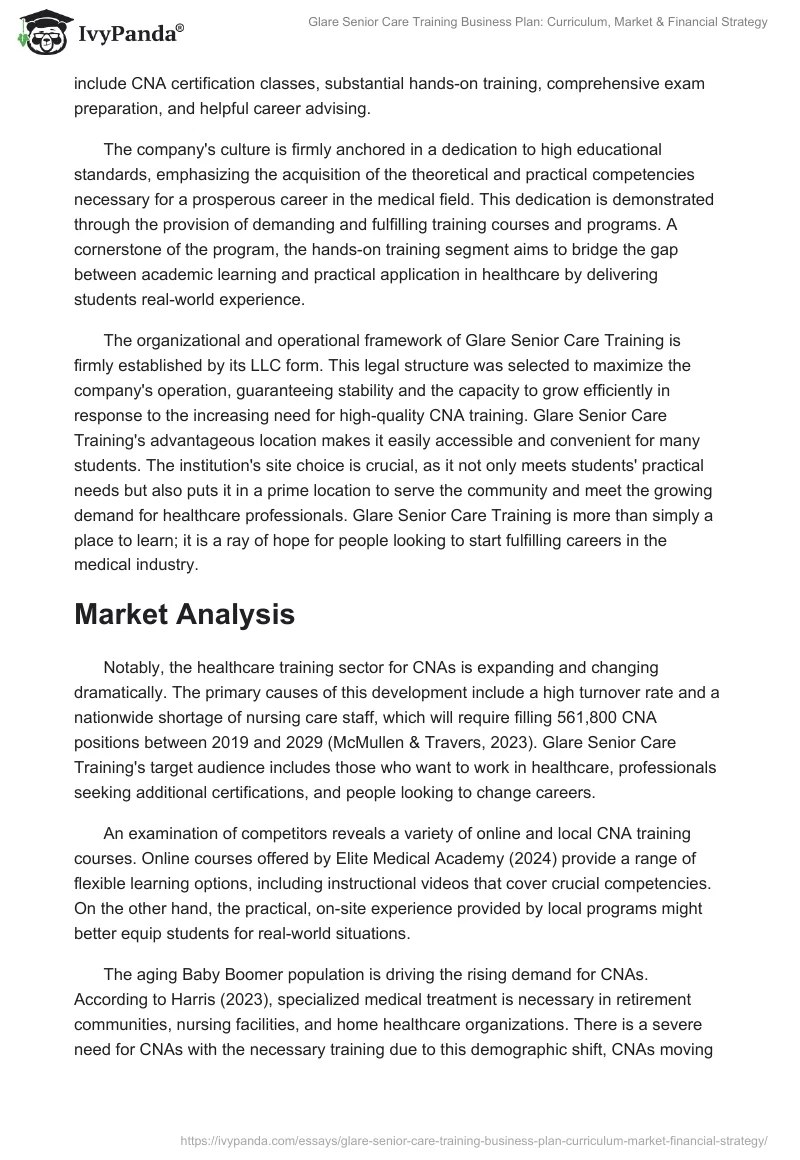 Glare Senior Care Training Business Plan: Curriculum, Market & Financial Strategy. Page 2