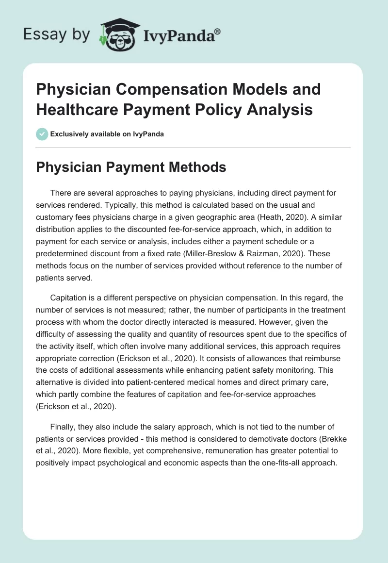 Physician Compensation Models and Healthcare Payment Policy Analysis. Page 1