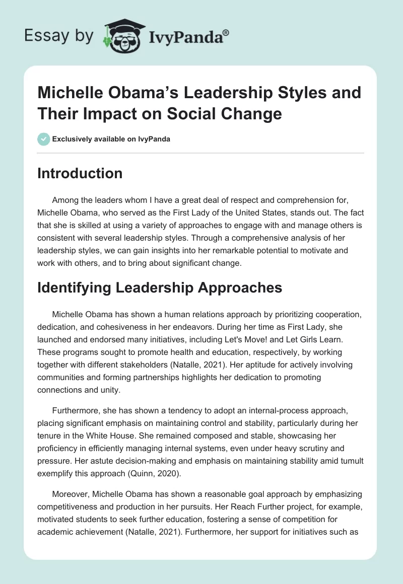 Michelle Obama’s Leadership Styles and Their Impact on Social Change. Page 1