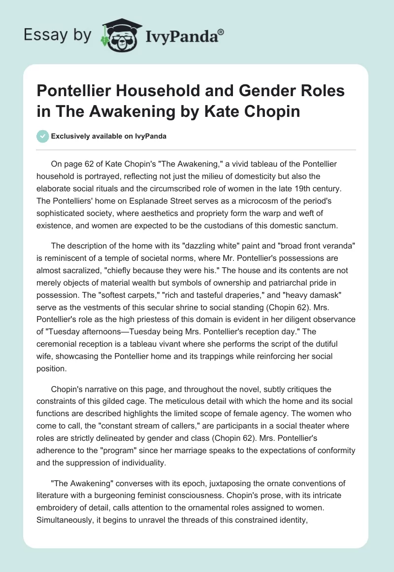 Pontellier Household and Gender Roles in The Awakening by Kate Chopin. Page 1
