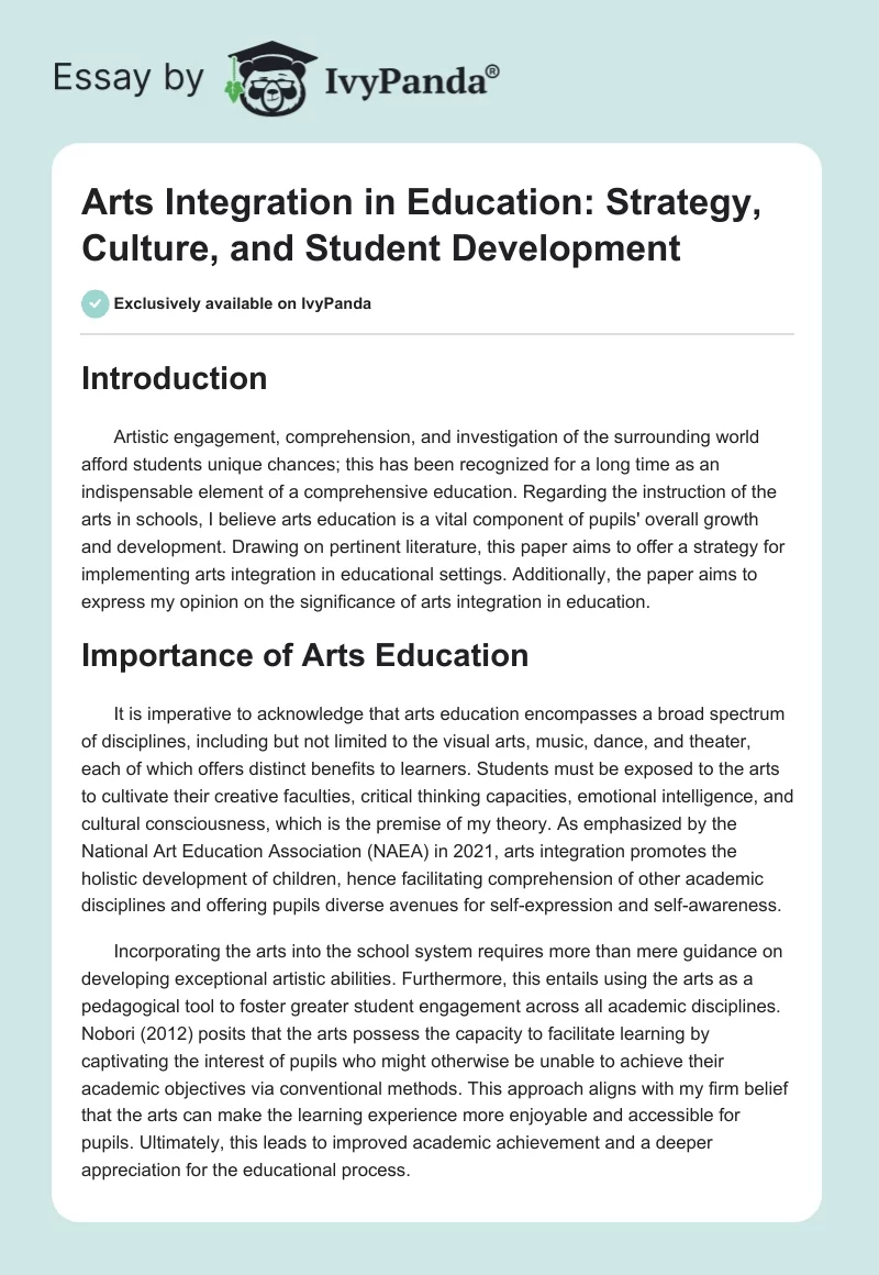 Arts Integration in Education: Strategy, Culture, and Student Development. Page 1
