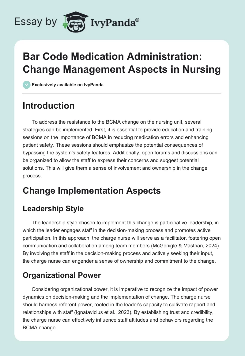 Bar Code Medication Administration: Change Management Aspects in Nursing. Page 1