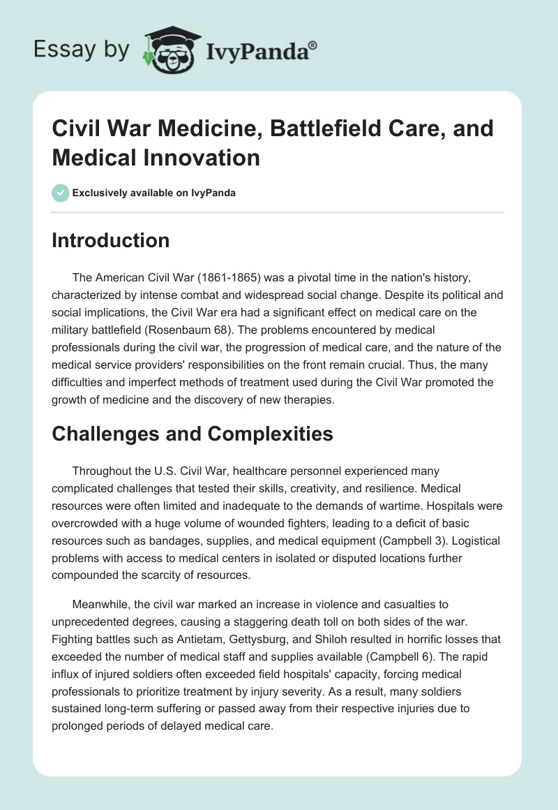 Civil War Medicine, Battlefield Care, and Medical Innovation. Page 1