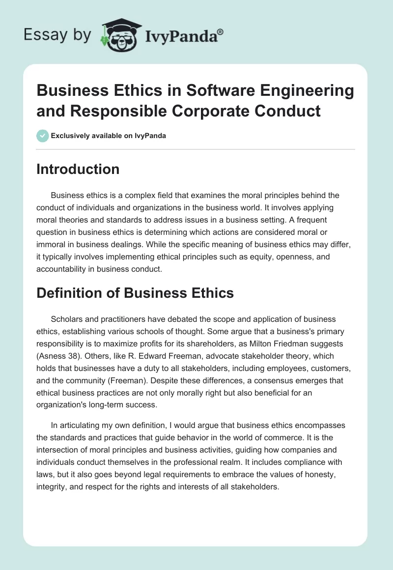 Business Ethics in Software Engineering and Responsible Corporate Conduct. Page 1