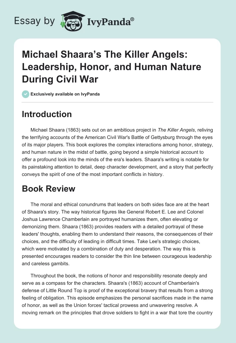 Michael Shaara’s The Killer Angels: Leadership, Honor, and Human Nature During Civil War. Page 1