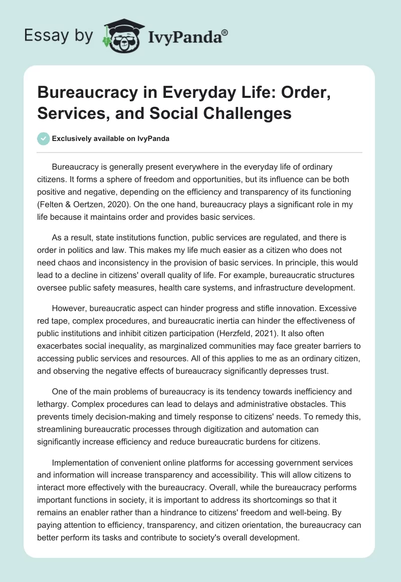 Bureaucracy in Everyday Life: Order, Services, and Social Challenges. Page 1