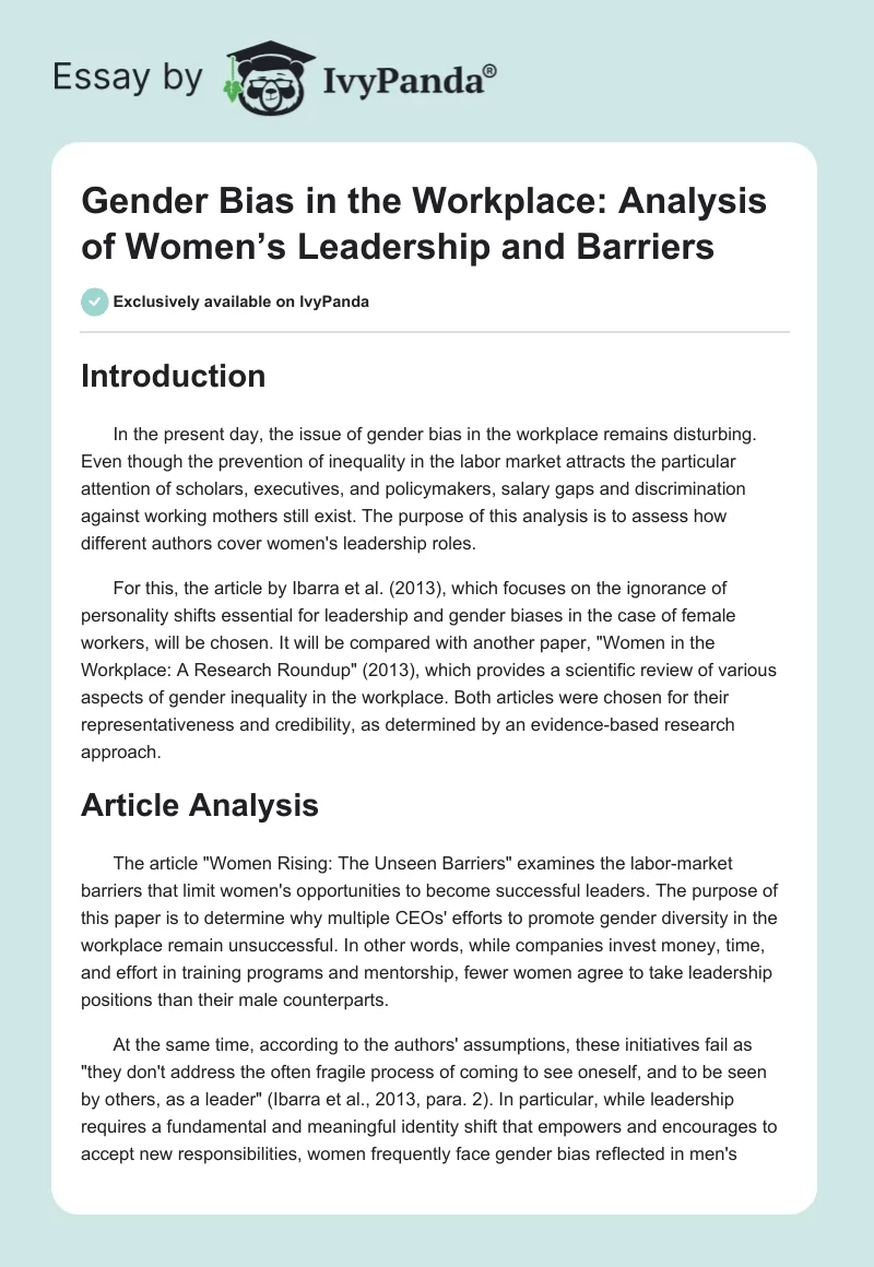 Gender Bias in the Workplace: Analysis of Women’s Leadership and Barriers. Page 1