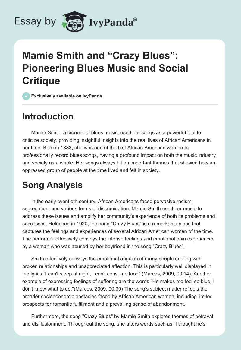 Mamie Smith and “Crazy Blues”: Pioneering Blues Music and Social Critique. Page 1
