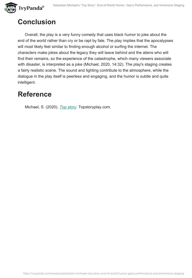 Sebastian Michaelʼs “Top Story”: End-of-World Humor, Gaz’s Performance, and Immersive Staging. Page 2