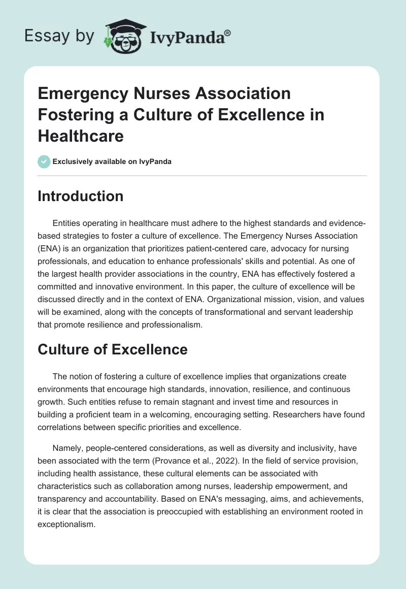 Emergency Nurses Association Fostering a Culture of Excellence in Healthcare. Page 1