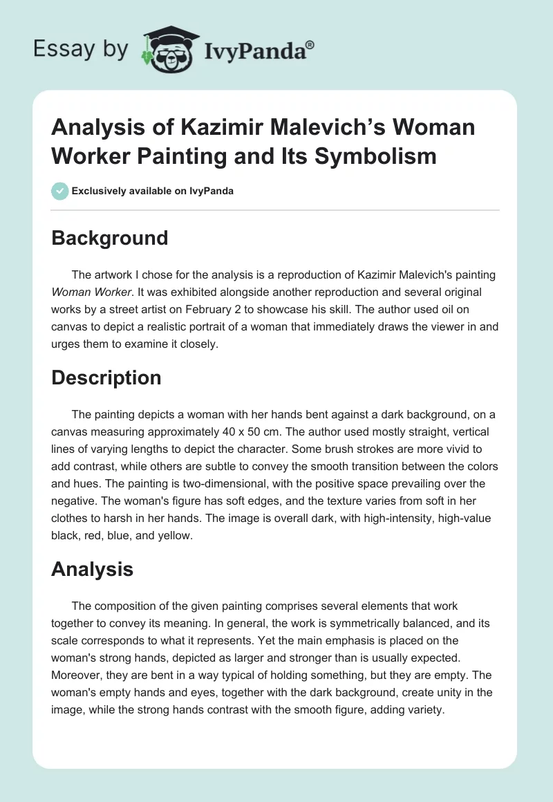 Analysis of Kazimir Malevich’s Woman Worker Painting and Its Symbolism. Page 1