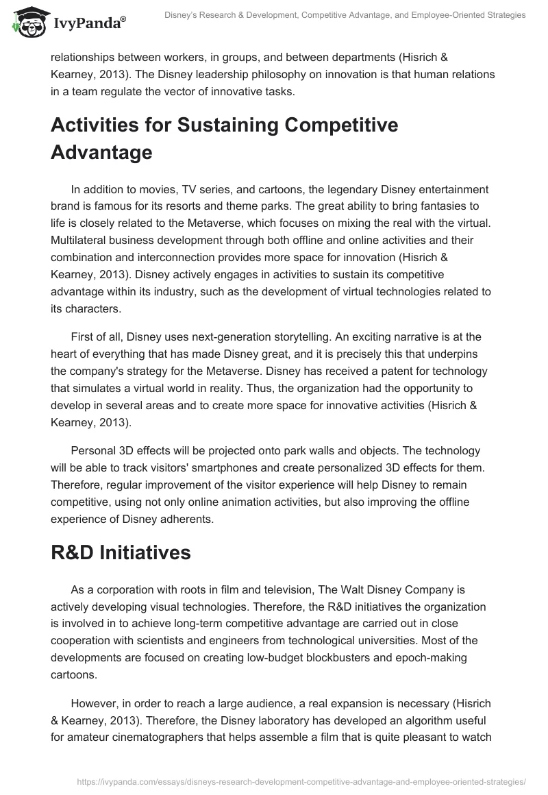 Disney’s Research & Development, Competitive Advantage, and Employee-Oriented Strategies. Page 2