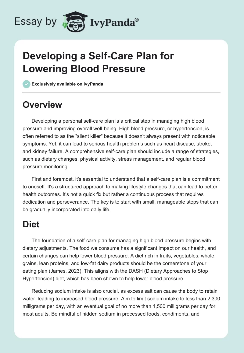 Developing a Self-Care Plan for Lowering Blood Pressure. Page 1