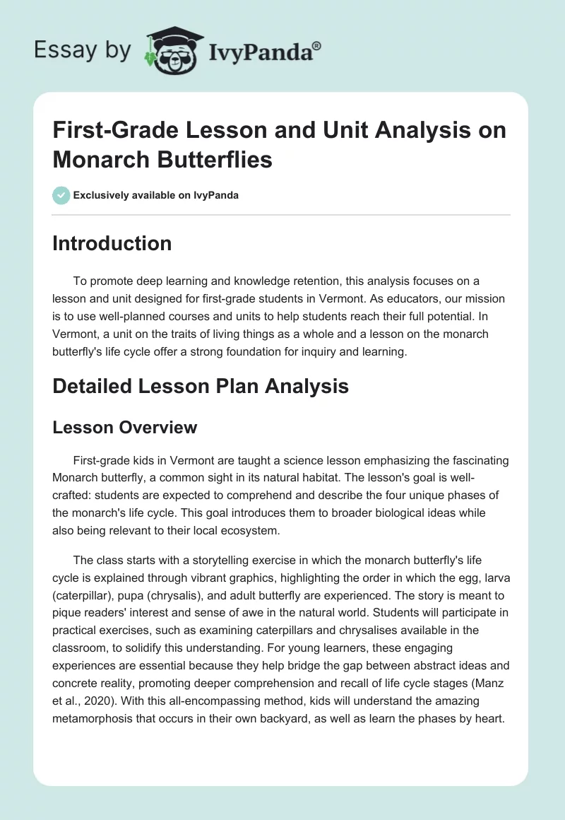 First-Grade Lesson and Unit Analysis on Monarch Butterflies. Page 1