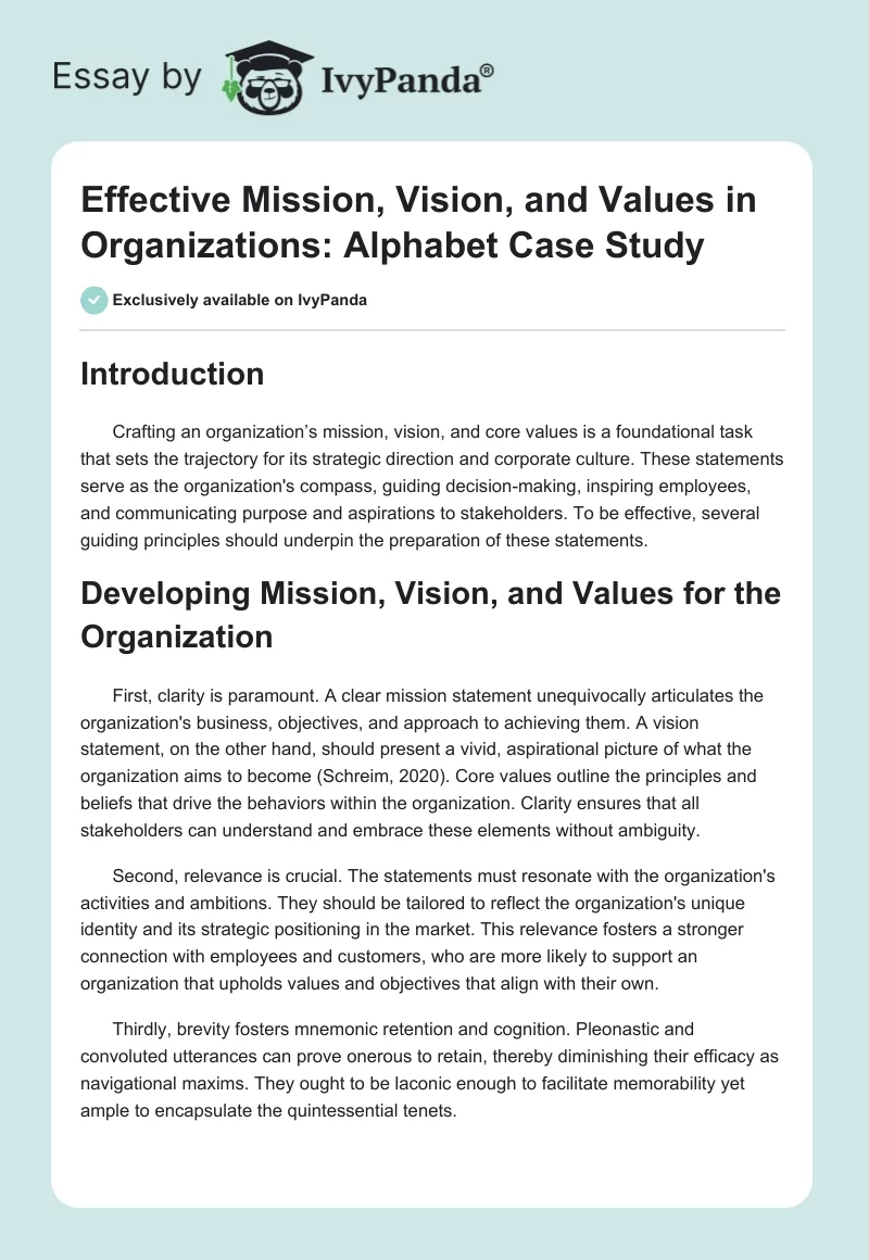 Effective Mission, Vision, and Values in Organizations: Alphabet Case Study. Page 1