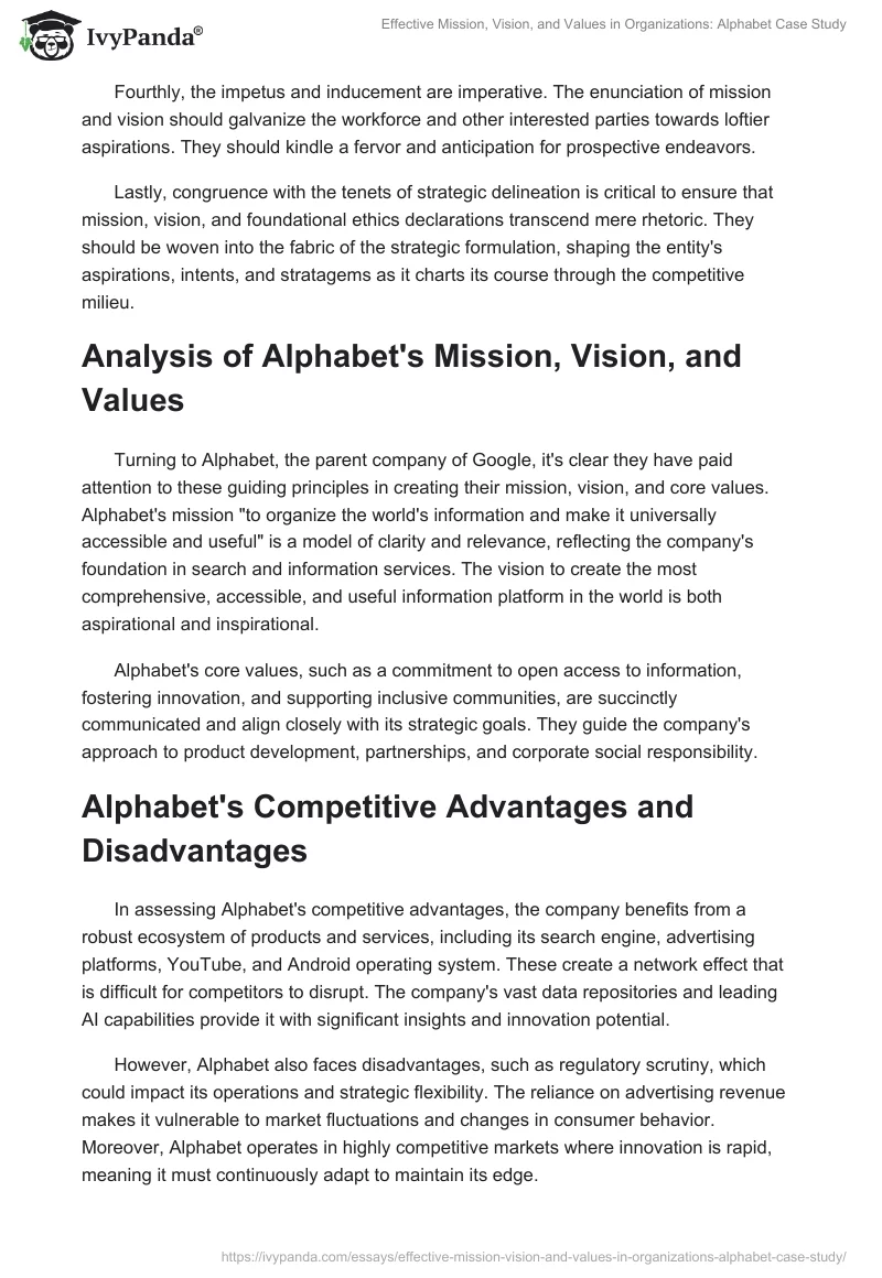 Effective Mission, Vision, and Values in Organizations: Alphabet Case Study. Page 2