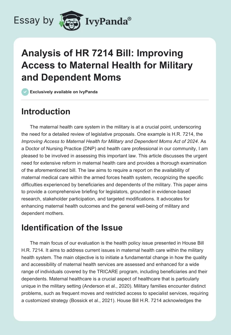 Analysis of HR 7214 Bill: Improving Access to Maternal Health for Military and Dependent Moms. Page 1